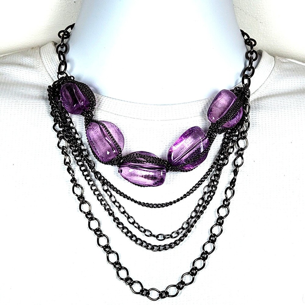 Necklace Layered Amethyst Acrylic Stones & Gunmetal Chains 22 inch